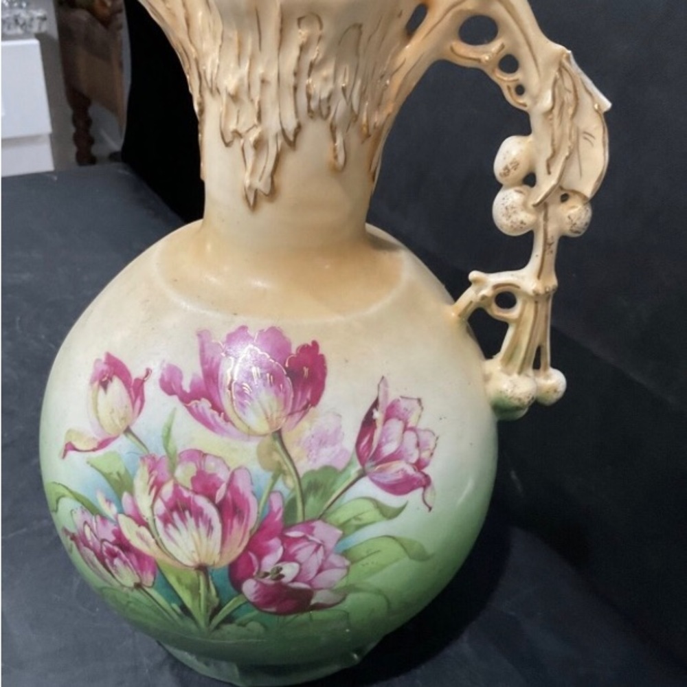 Vintage Austrian amphora tepitz style vase w/tulp design cherry pattern handle
